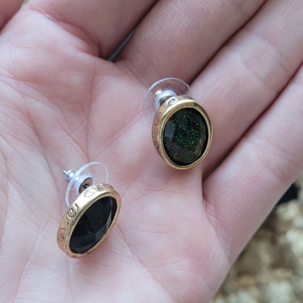 Chico's gold tone green glittery stud earrings - Picture 2 of 3